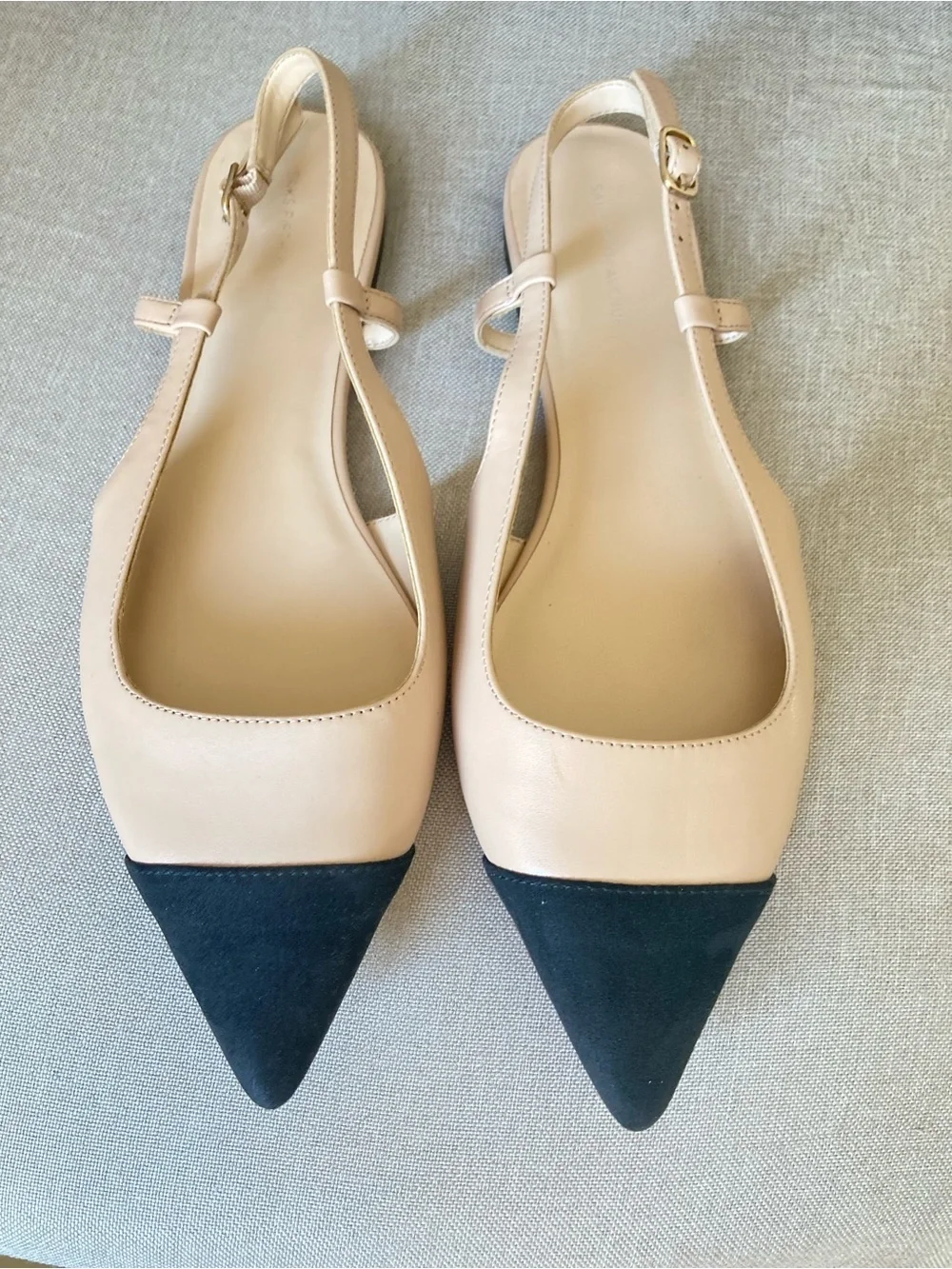 Saks Fifth Avenue Cap Toe Slingback Flats Nude Black Pointed Toe Shoes 9.5